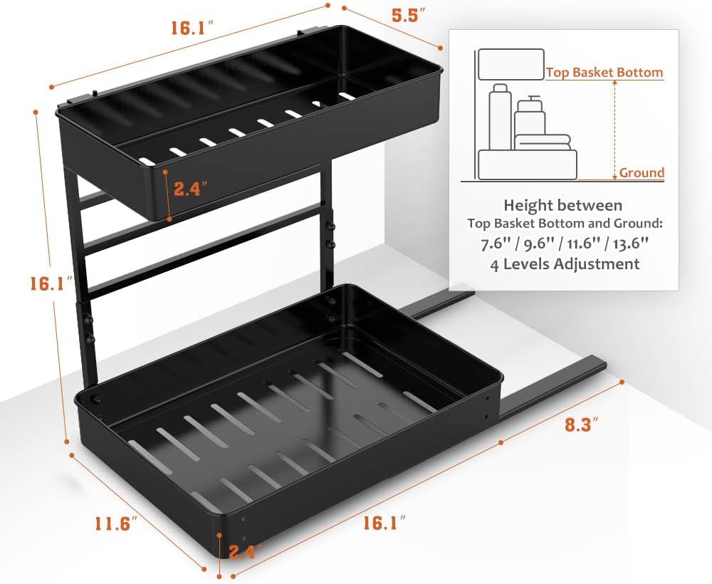 Height Adjustable 2 Tier Metal Pull Out Slide Shelf Organizer for under Sink Cabinets in Kitchen, Bathroom, with Snap-On Top Tray, 16" Deep (Black, 2 Sets)