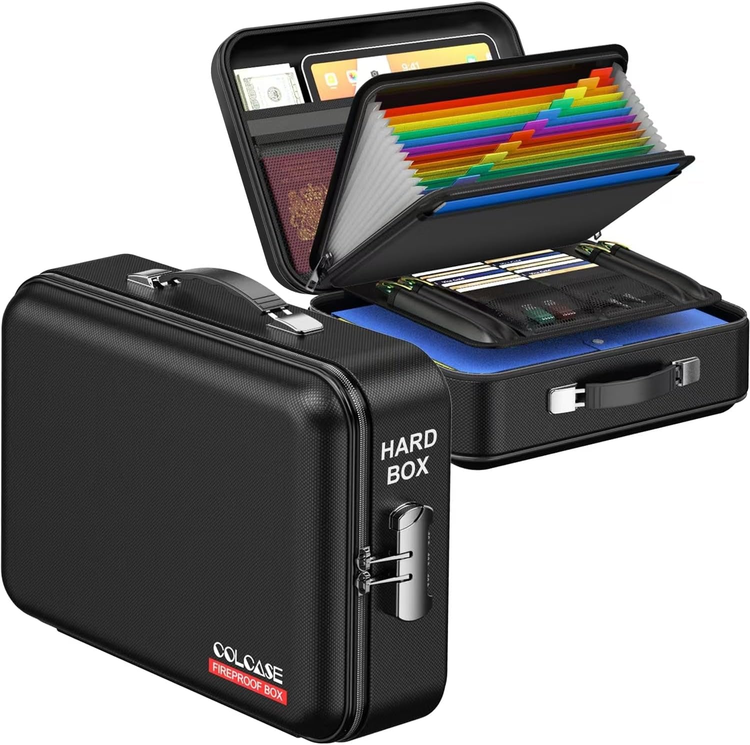 Fireproof Document Box, Hard Case Fireproof Box with Lock Hard-Shell Design Fireproof Water Resistant Safe Box File Organizer for Important Documents Certificates Laptop Passports Black-0