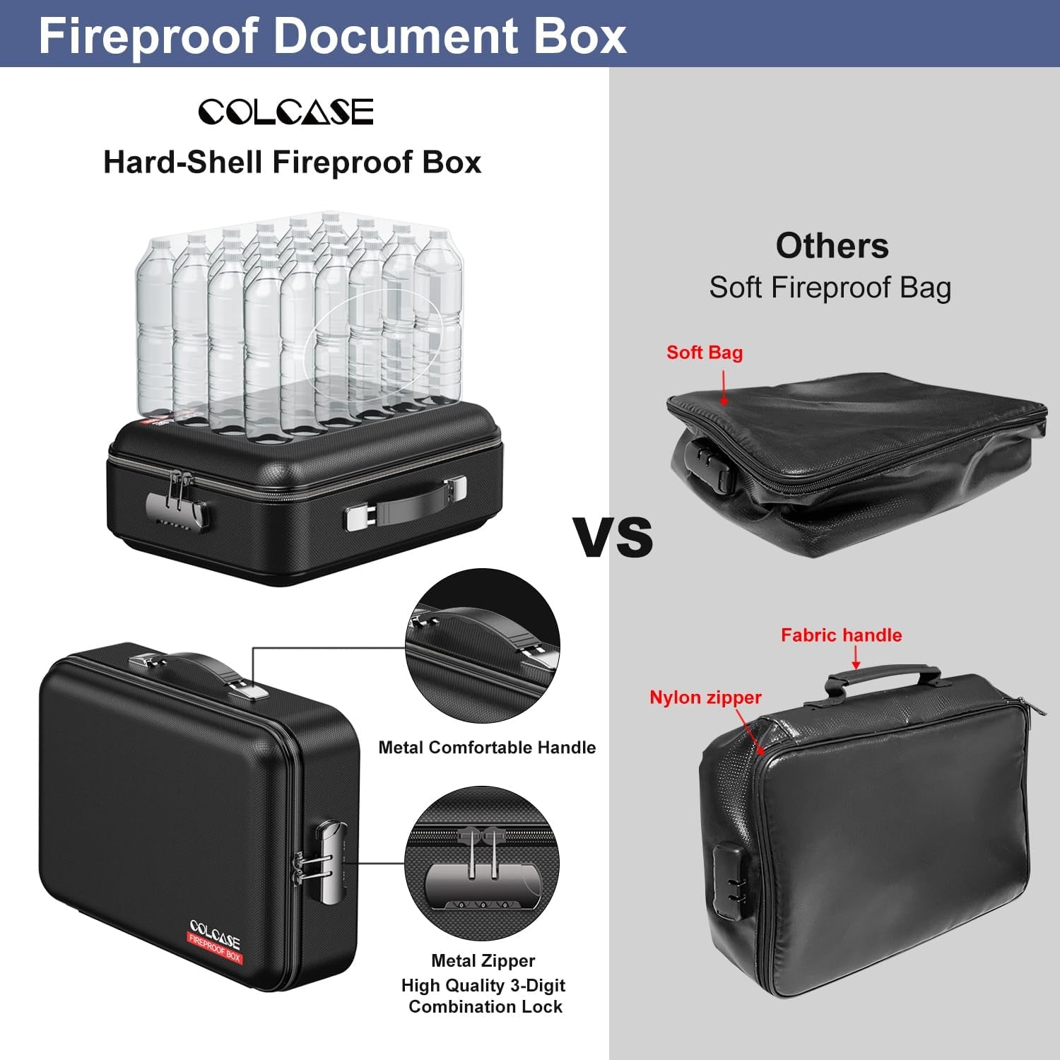 Fireproof Document Box, Hard Case Fireproof Box with Lock Hard-Shell Design Fireproof Water Resistant Safe Box File Organizer for Important Documents Certificates Laptop Passports Black-2