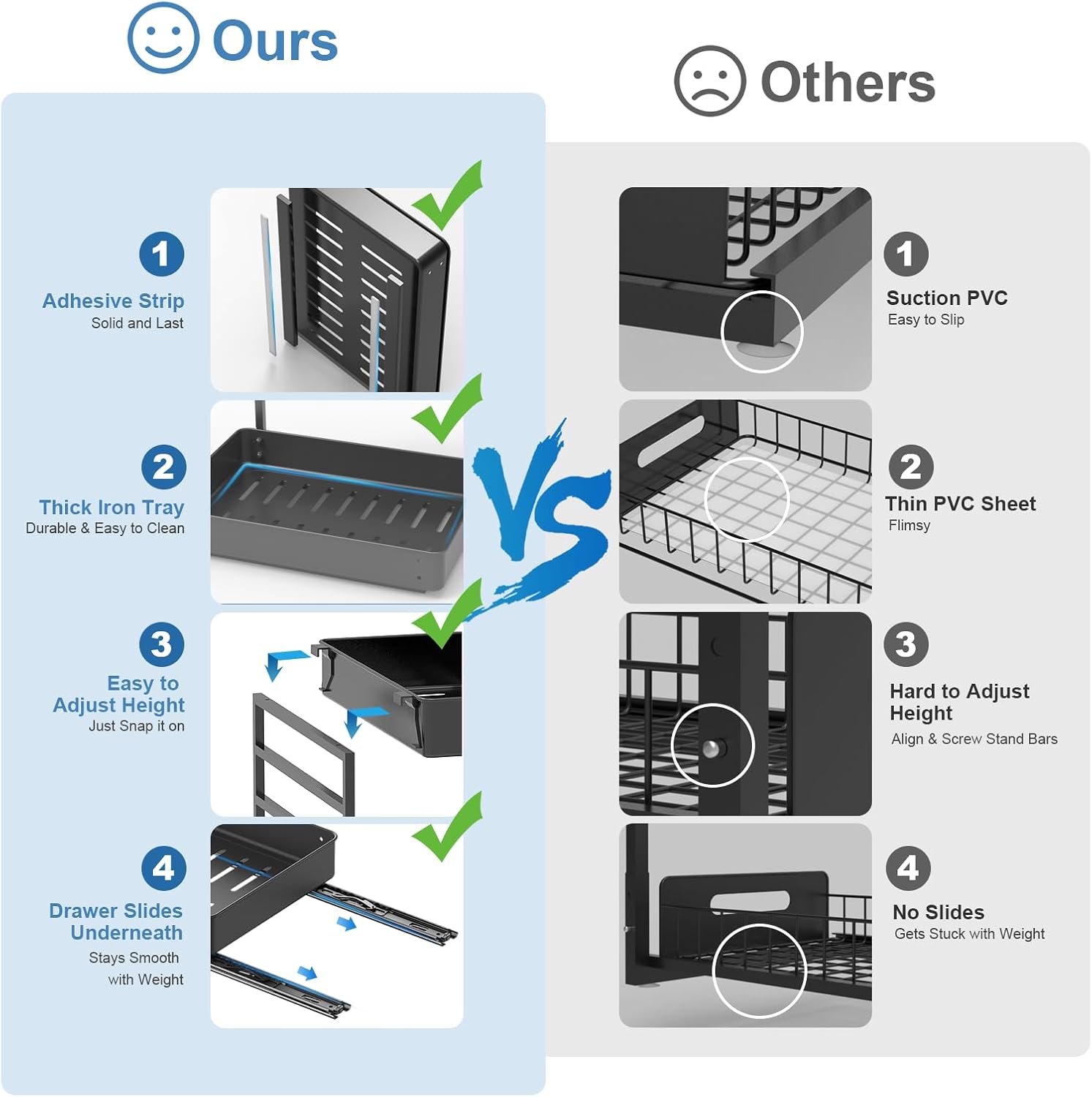 Height Adjustable 2 Tier Metal Pull Out Slide Shelf Organizer for under Sink Cabinets in Kitchen, Bathroom, with Snap-On Top Tray, 16" Deep (Black, 2 Sets)