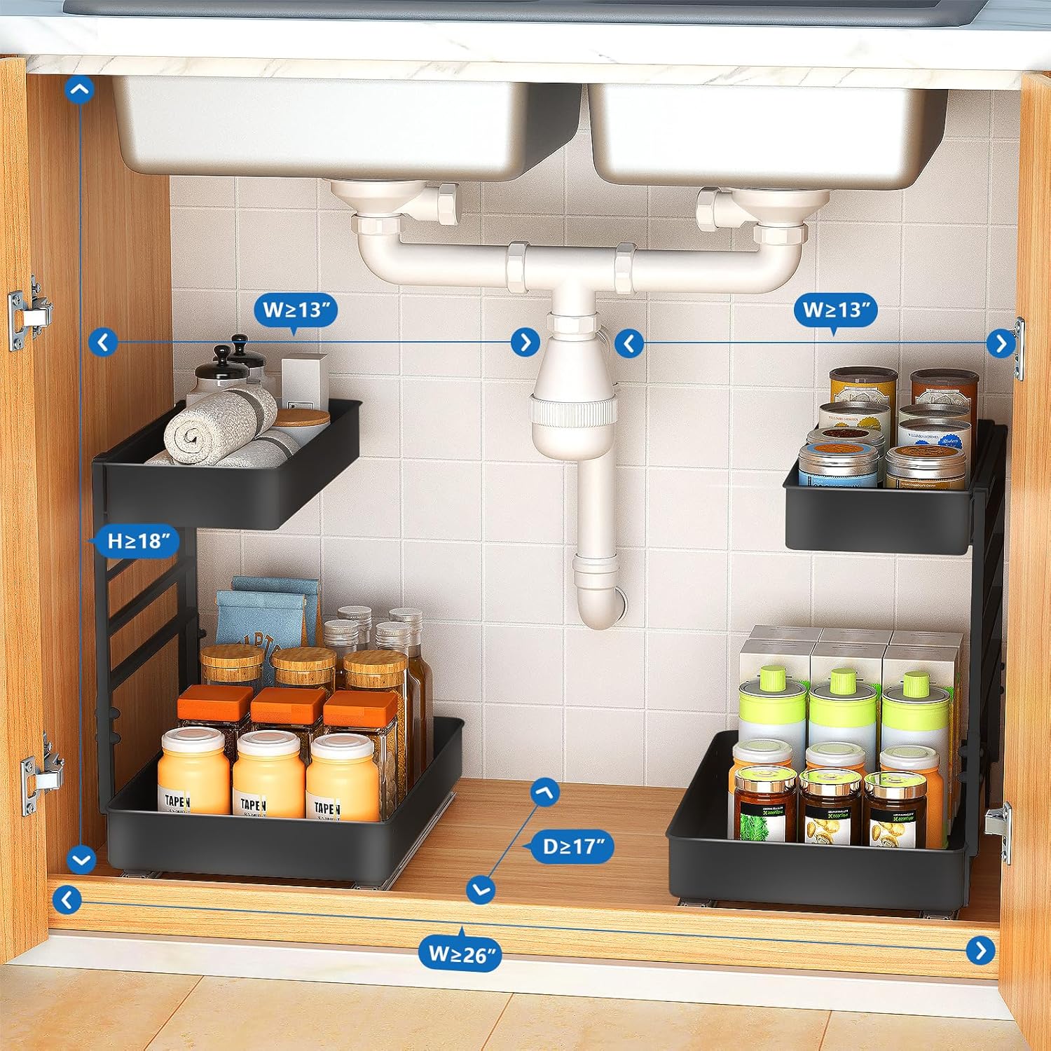 Height Adjustable 2 Tier Metal Pull Out Slide Shelf Organizer for under Sink Cabinets in Kitchen, Bathroom, with Snap-On Top Tray, 16" Deep (Black, 2 Sets)