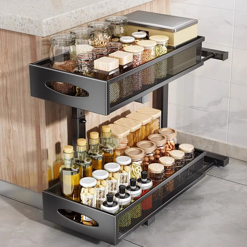 2 Tier Metal Expandable Pull Out Storage Shelf Desktop Organizer Spice Rack under the Sink Rack