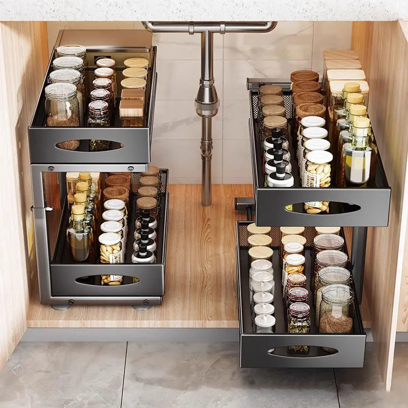 2 Tier Metal Expandable Pull Out Storage Shelf Desktop Organizer Spice Rack under the Sink Rack