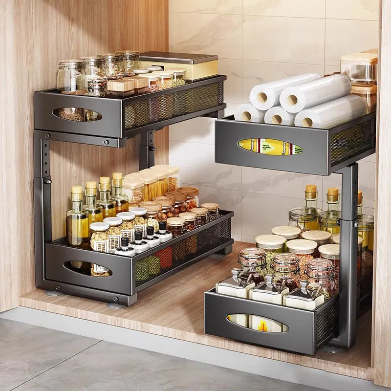 2 Tier Metal Expandable Pull Out Storage Shelf Desktop Organizer Spice Rack under the Sink Rack