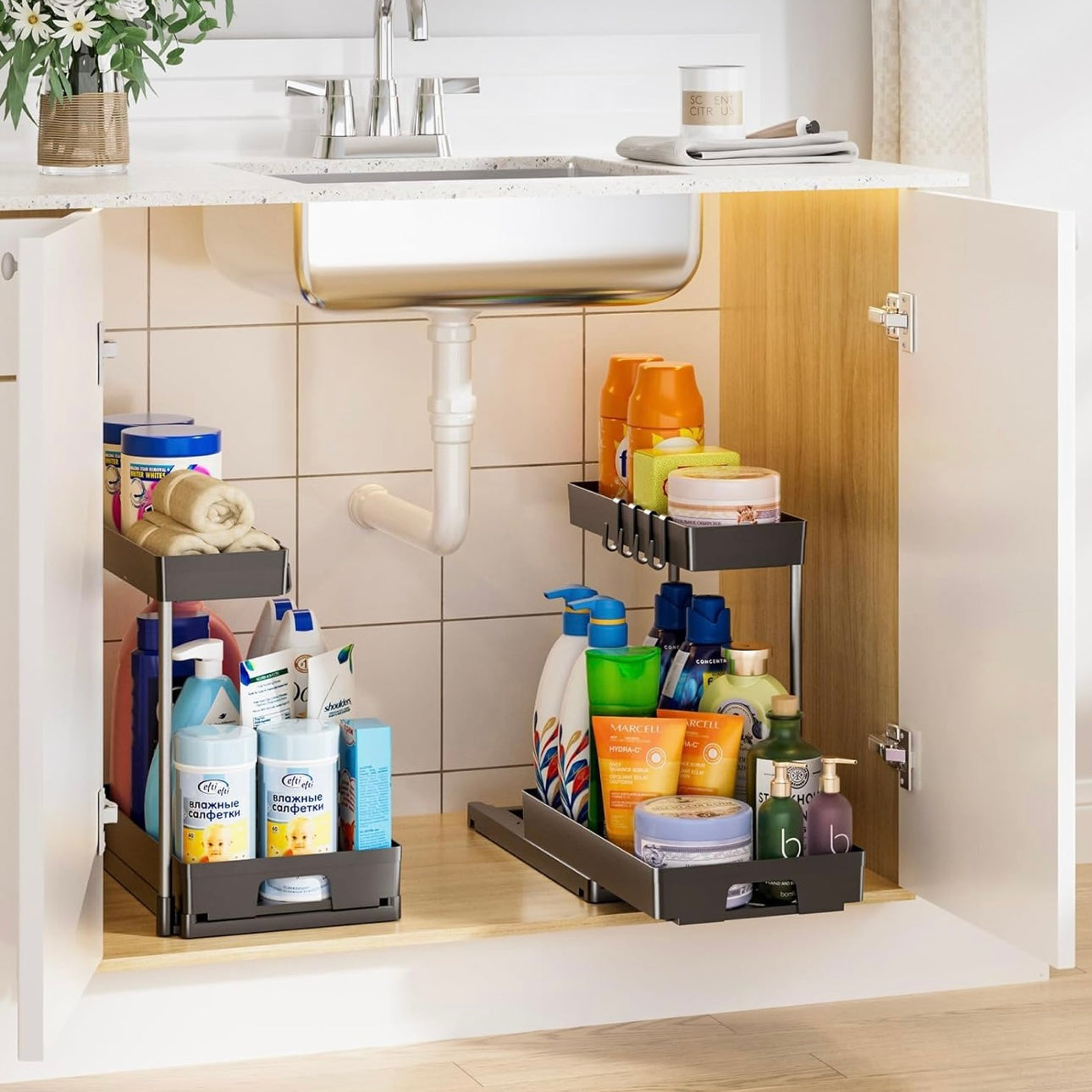 2 Pack Under Sink Organizers and Storage, 2 Tier L-Shape Pull Out Under Cabinet Organizer, Black Under Bathroom Kitchen Sink Organizer with Drawer for Under Counter Storage Organizer