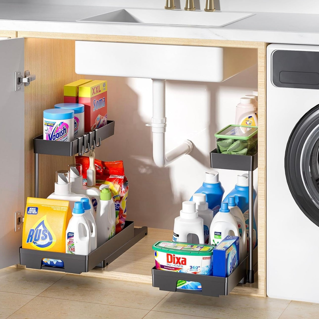 2 Pack Under Sink Organizers and Storage, 2 Tier L-Shape Pull Out Under Cabinet Organizer, Black Under Bathroom Kitchen Sink Organizer with Drawer for Under Counter Storage Organizer