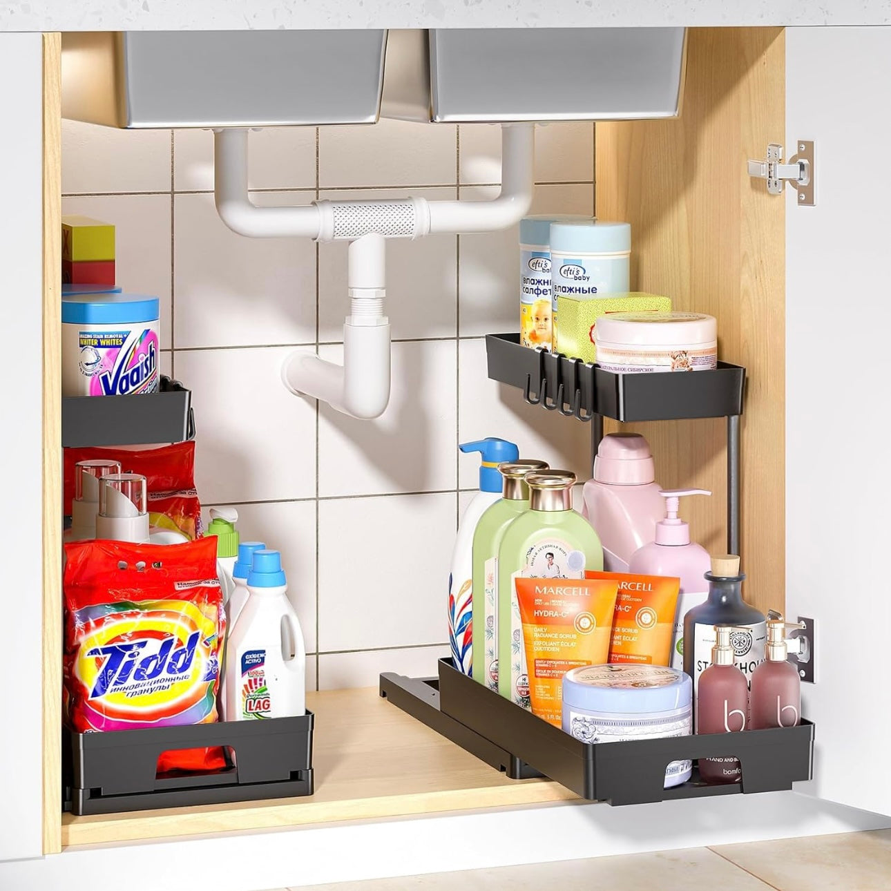 2 Tier Sliding Cabinet Basket Organizer Drawer under Sink Organizer Bathroom Cabinet Organizer under Sink Sorage Ktchen Bathroom Cabinet Waterproof Countertop Shelf