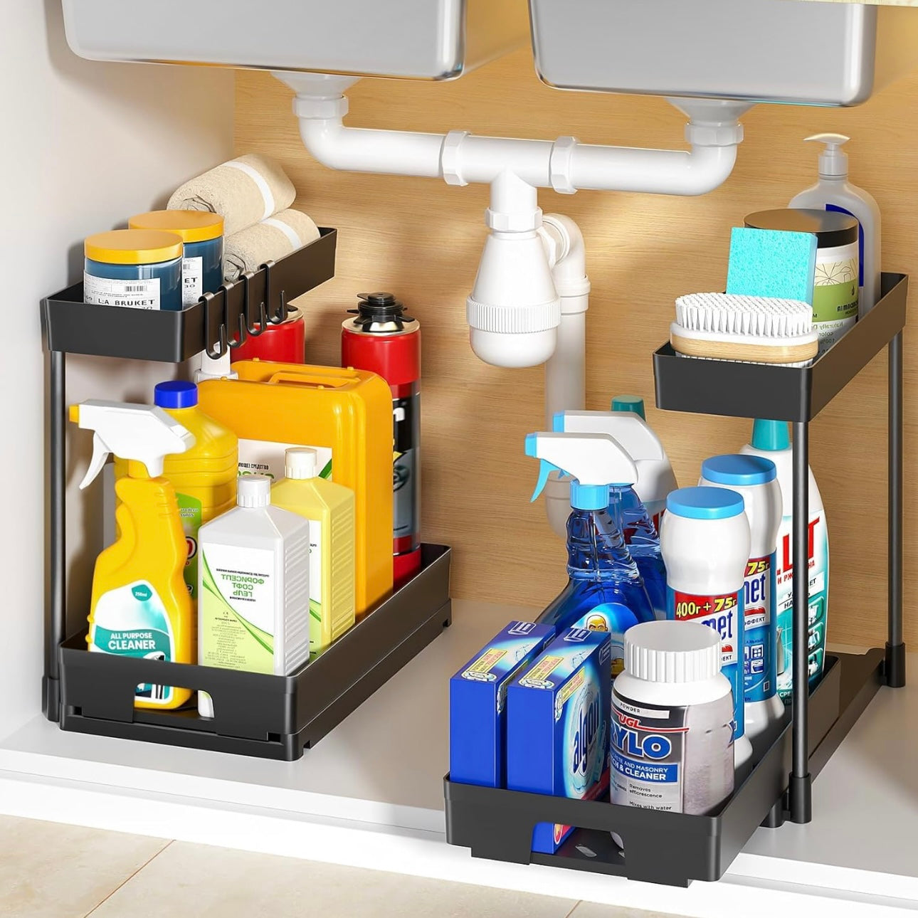 2 Pack Under Sink Organizers and Storage, 2 Tier L-Shape Pull Out Under Cabinet Organizer, Black Under Bathroom Kitchen Sink Organizer with Drawer for Under Counter Storage Organizer